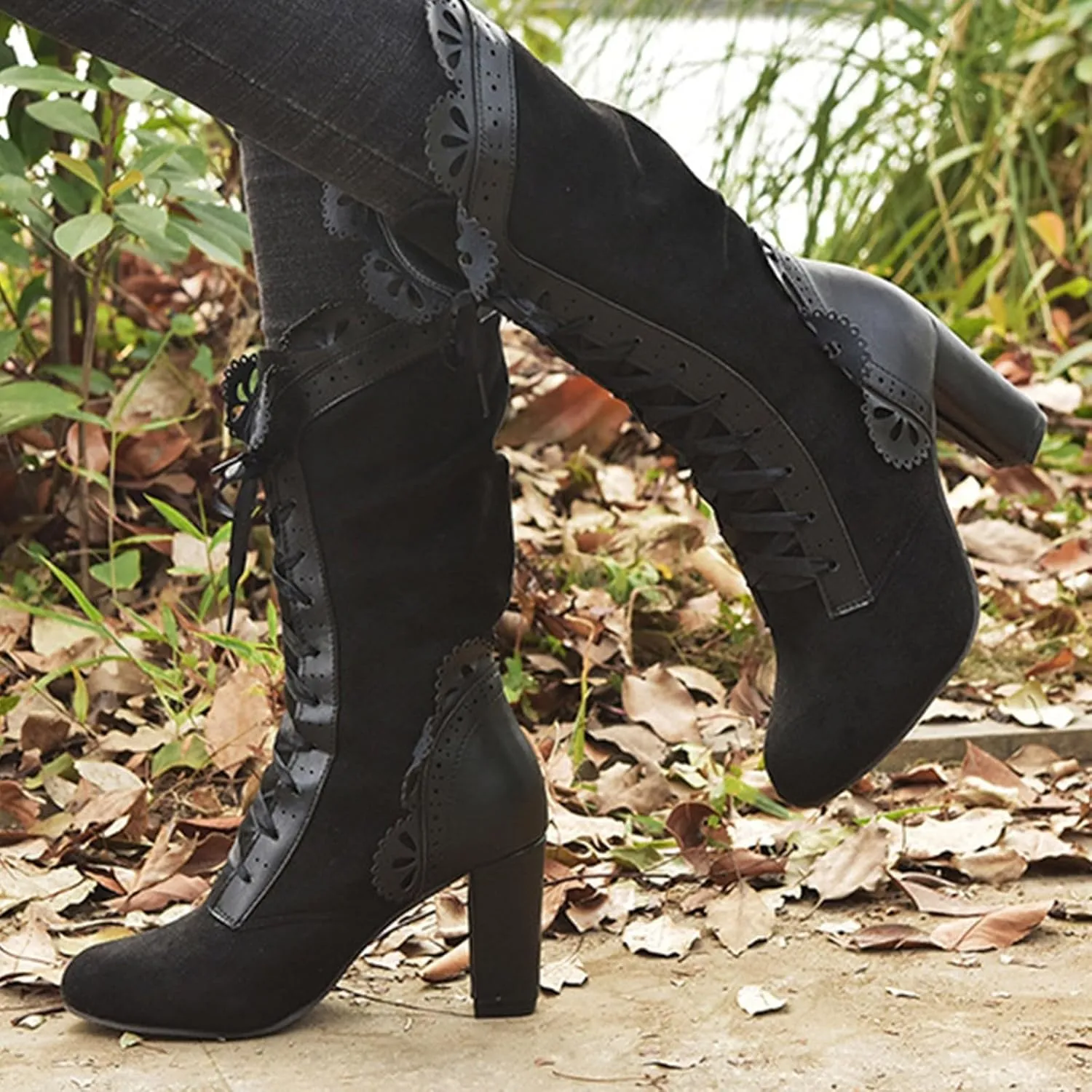 Ankle Boots for Women Retro Victorian Mid Calf Bow Shoes Mid Heels Almond Toe Lace Up Wedding Party Dress Fashion Booties