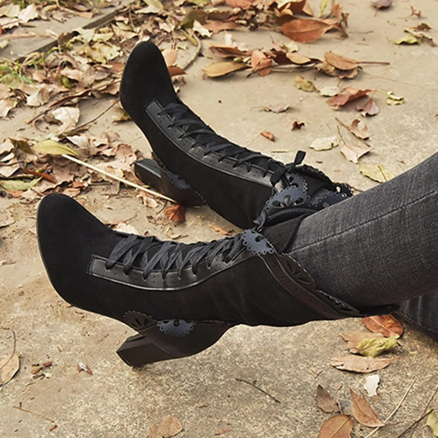 Ankle Boots for Women Retro Victorian Mid Calf Bow Shoes Mid Heels Almond Toe Lace Up Wedding Party Dress Fashion Booties