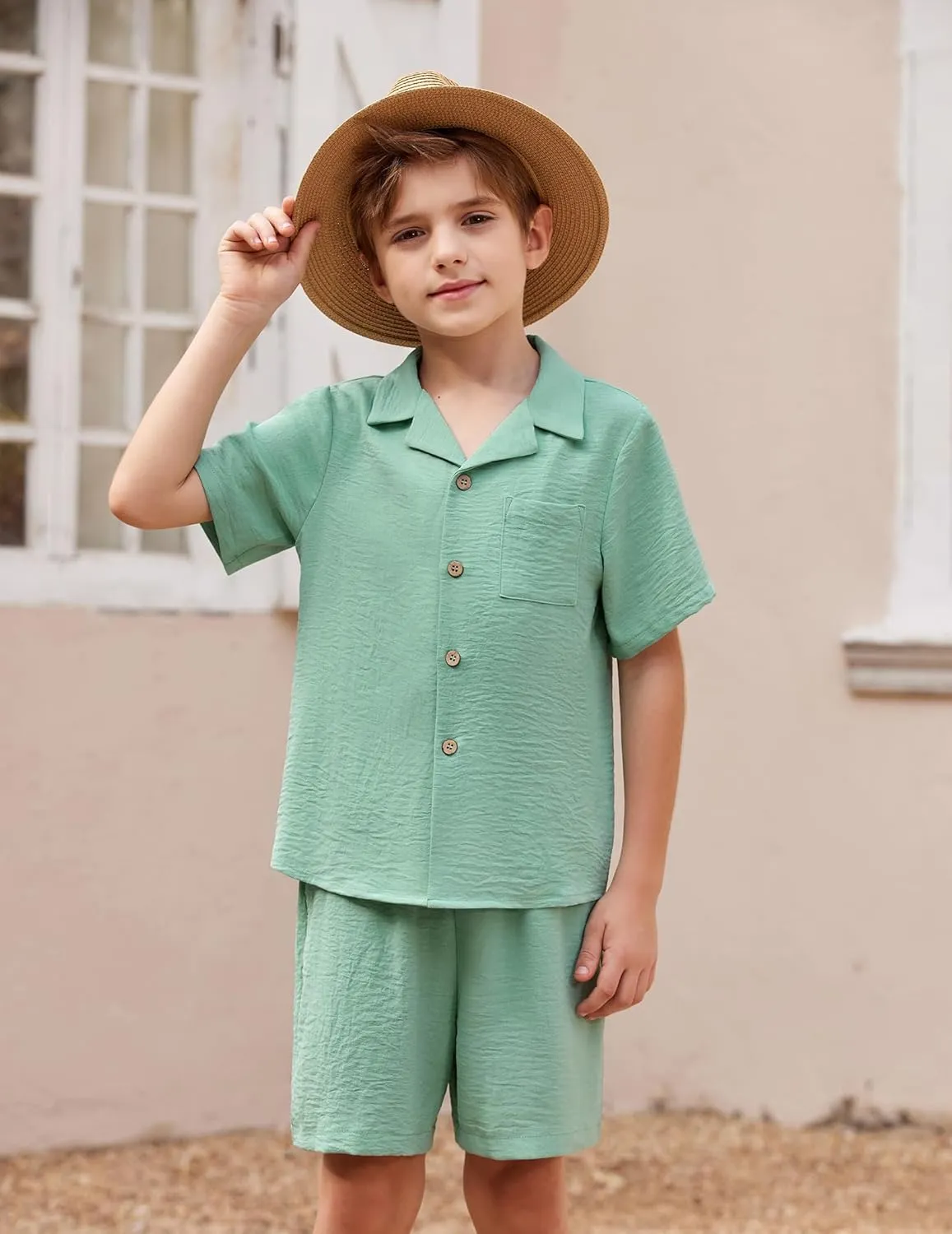 Arshiner Boys 2 Pieces Summer Beach Outfits Short Sleeve Button Down Shirts and Shorts Vacation Texture Sets for Kids