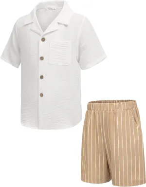 Arshiner Boys 2 Pieces Summer Beach Outfits Short Sleeve Button Down Shirts and Shorts Vacation Texture Sets for Kids
