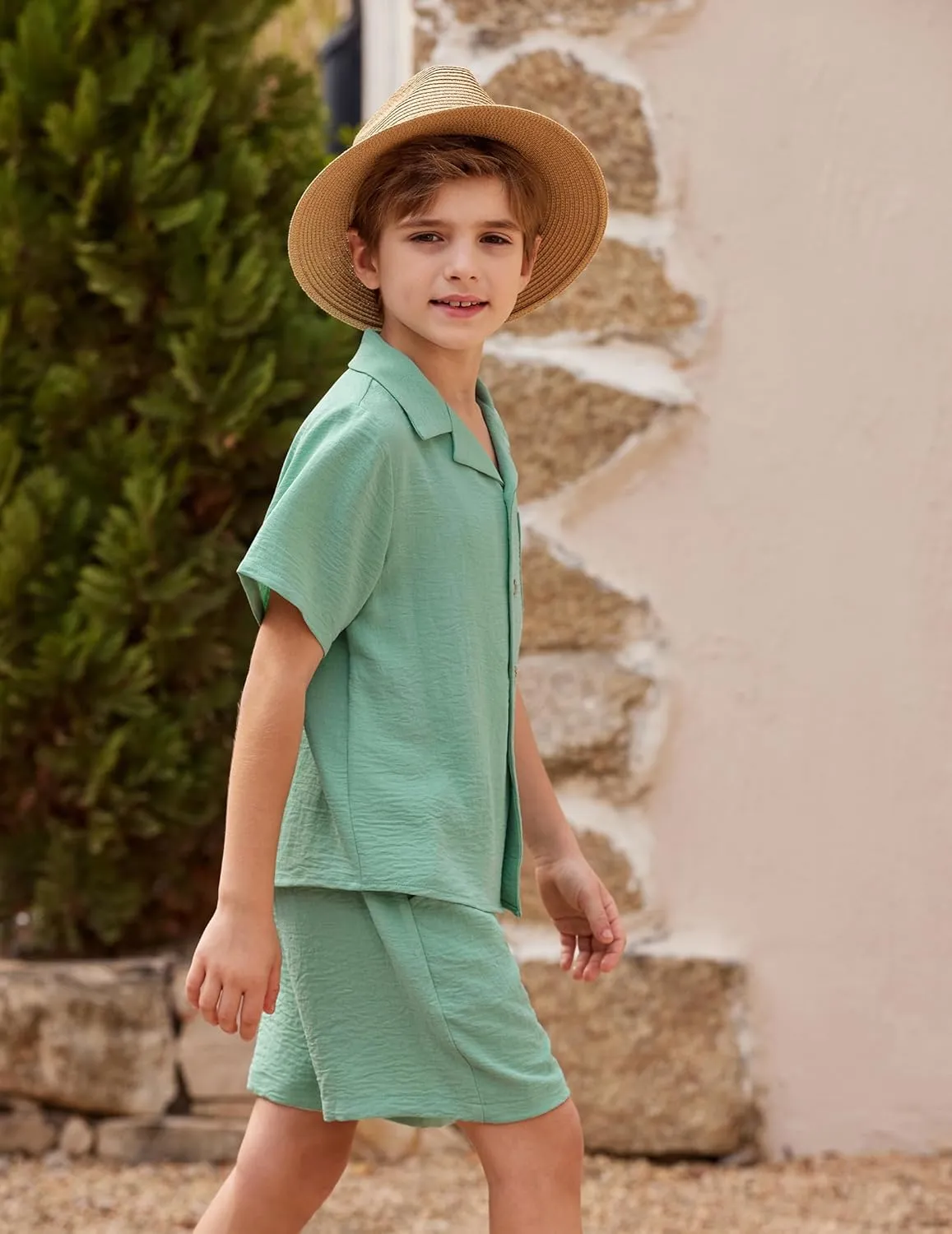 Arshiner Boys 2 Pieces Summer Beach Outfits Short Sleeve Button Down Shirts and Shorts Vacation Texture Sets for Kids