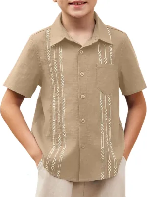 Arshiner Boys Guayabera Shirt Short Sleeve Cotton Linen Button Down Shirt Summer Beach Tops with One Pocket
