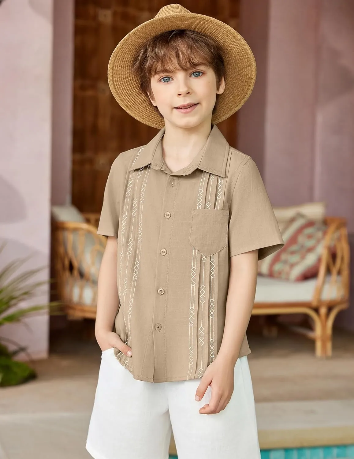Arshiner Boys Guayabera Shirt Short Sleeve Cotton Linen Button Down Shirt Summer Beach Tops with One Pocket