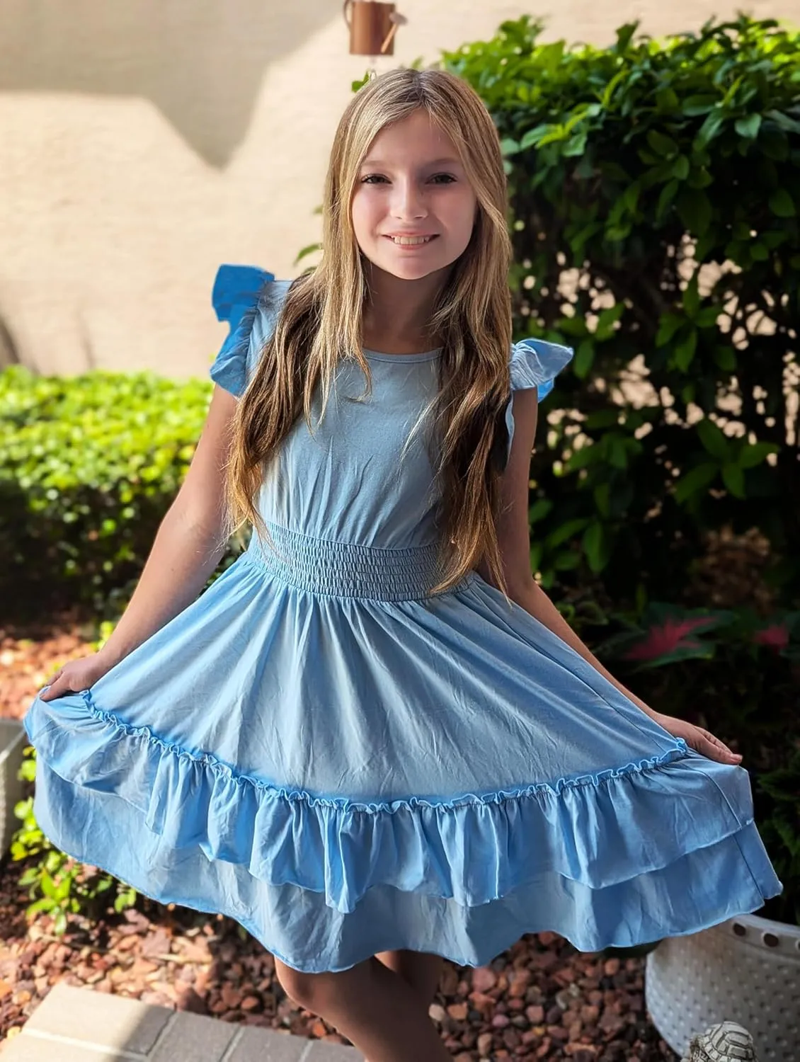 Arshiner Girls Dresses Flutter Sleeve A-Line Sundress Casual Summer Tiered Swing Midi Pocket Dress