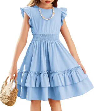 Arshiner Girls Dresses Flutter Sleeve A-Line Sundress Casual Summer Tiered Swing Midi Pocket Dress