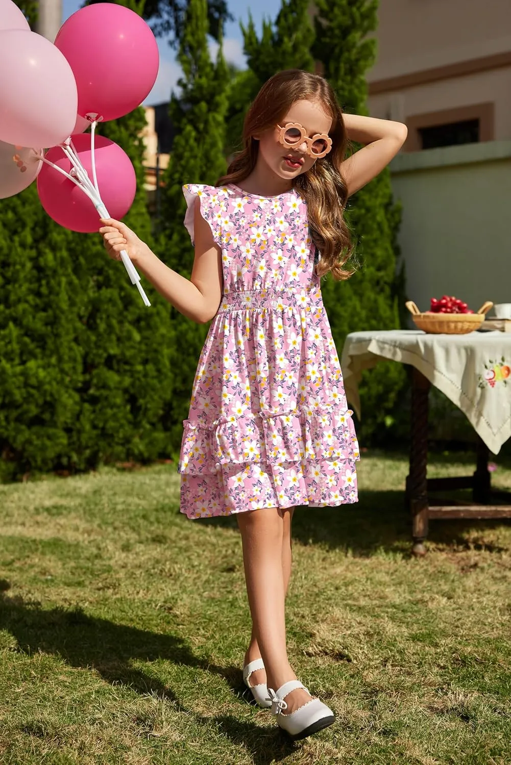 Arshiner Girls Dresses Flutter Sleeve A-Line Sundress Casual Summer Tiered Swing Midi Pocket Dress