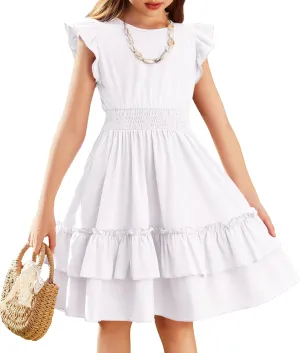 Arshiner Girls Dresses Flutter Sleeve A-Line Sundress Casual Summer Tiered Swing Midi Pocket Dress