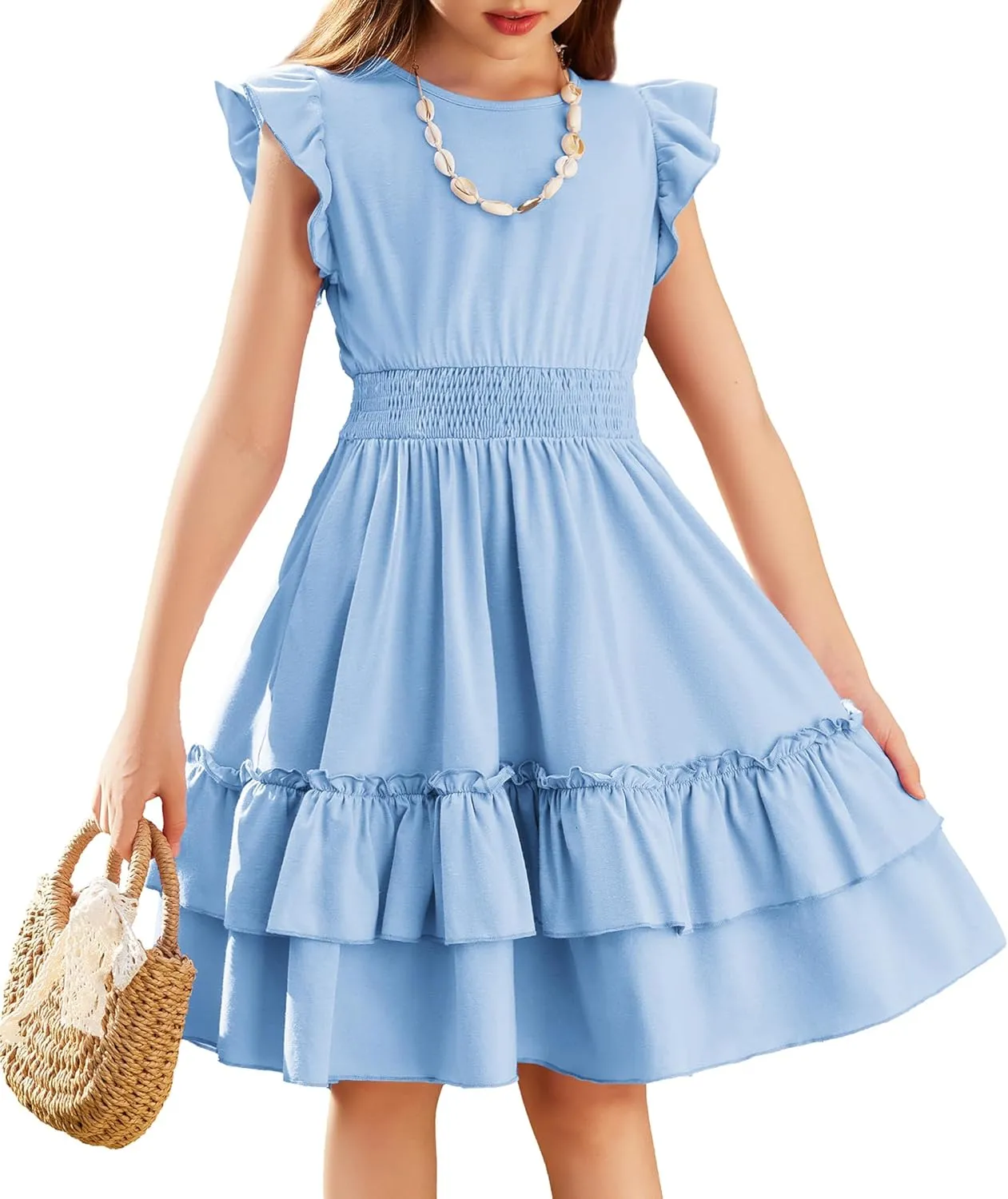 Arshiner Girls Dresses Flutter Sleeve A-Line Sundress Casual Summer Tiered Swing Midi Pocket Dress