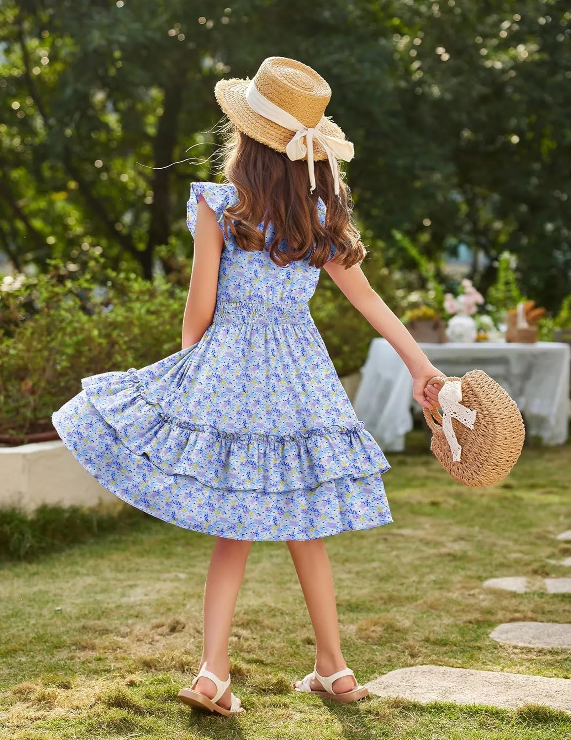 Arshiner Girls Dresses Flutter Sleeve A-Line Sundress Casual Summer Tiered Swing Midi Pocket Dress