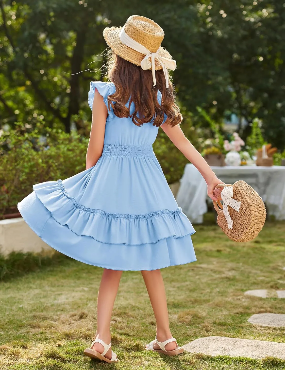 Arshiner Girls Dresses Flutter Sleeve A-Line Sundress Casual Summer Tiered Swing Midi Pocket Dress