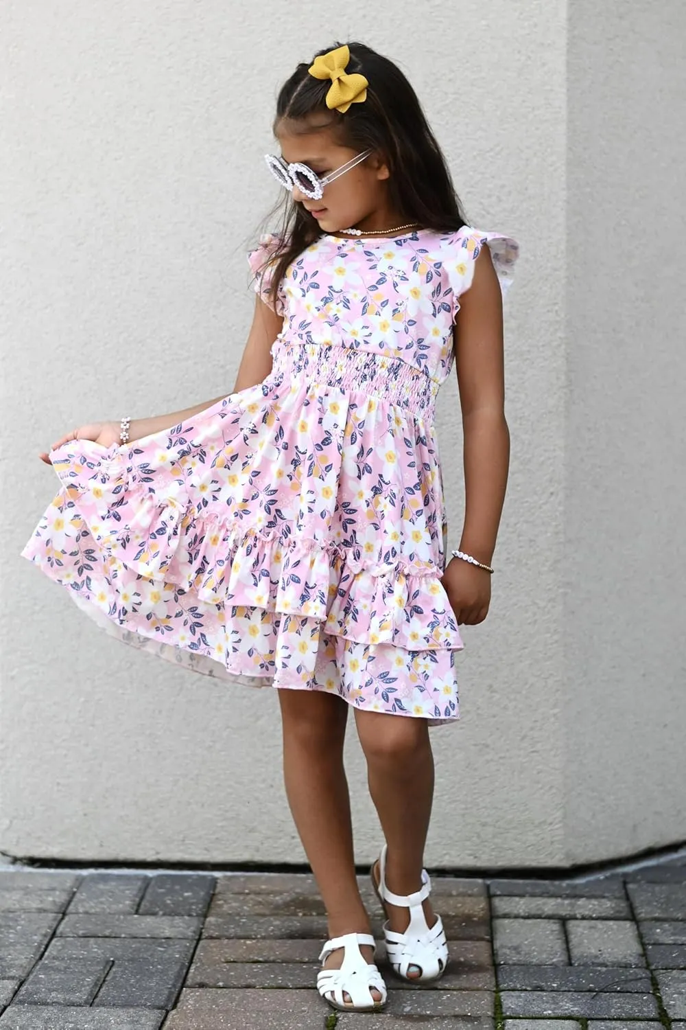 Arshiner Girls Dresses Flutter Sleeve A-Line Sundress Casual Summer Tiered Swing Midi Pocket Dress
