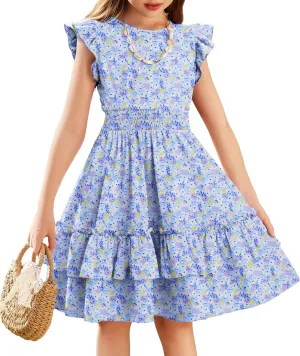 Arshiner Girls Dresses Flutter Sleeve A-Line Sundress Casual Summer Tiered Swing Midi Pocket Dress