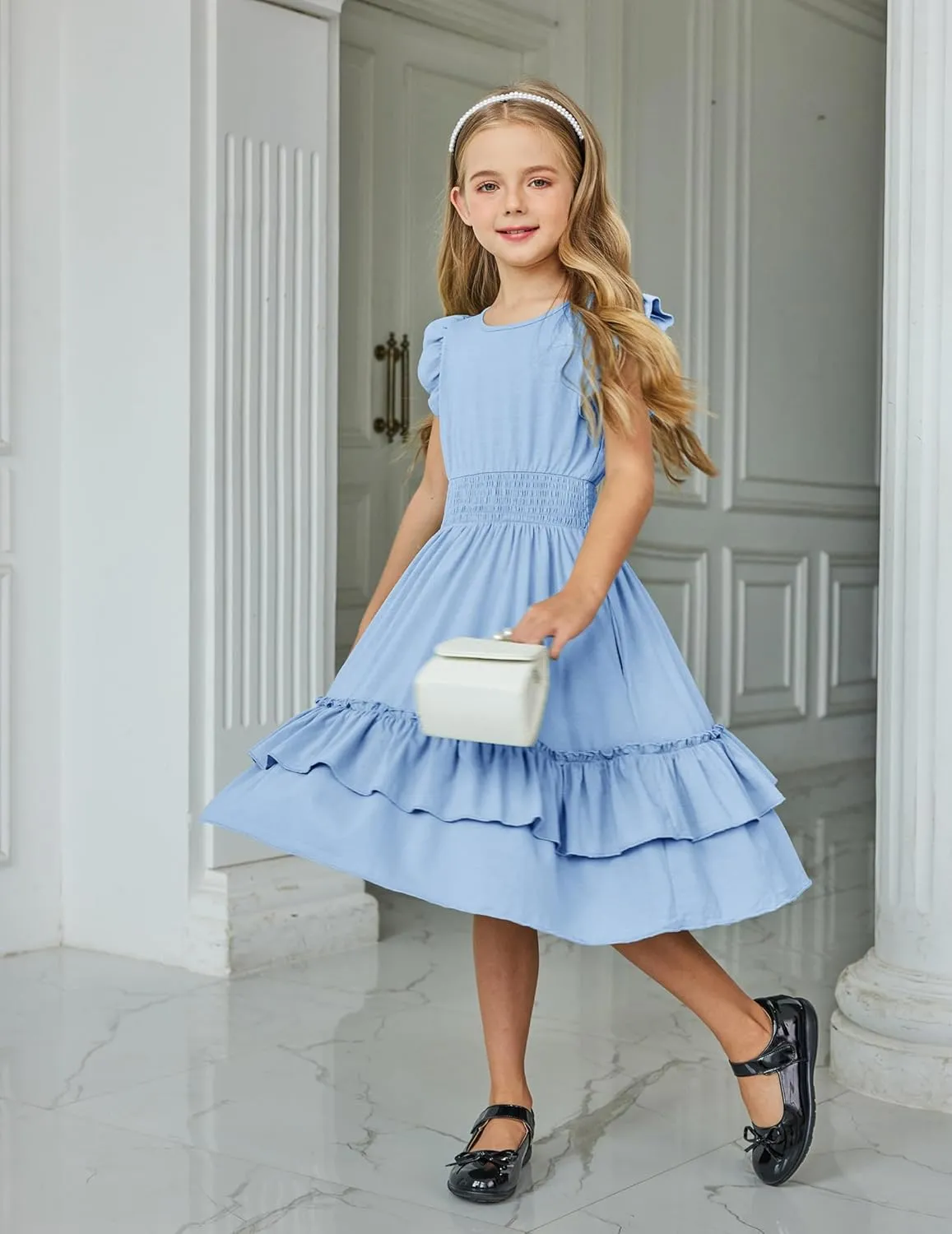 Arshiner Girls Dresses Flutter Sleeve A-Line Sundress Casual Summer Tiered Swing Midi Pocket Dress