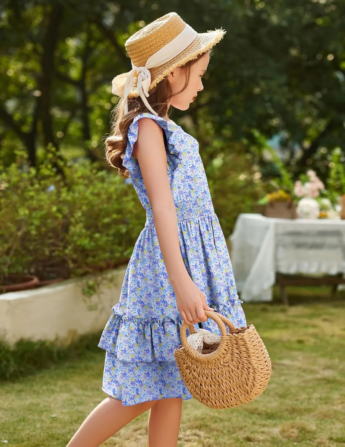 Arshiner Girls Dresses Flutter Sleeve A-Line Sundress Casual Summer Tiered Swing Midi Pocket Dress