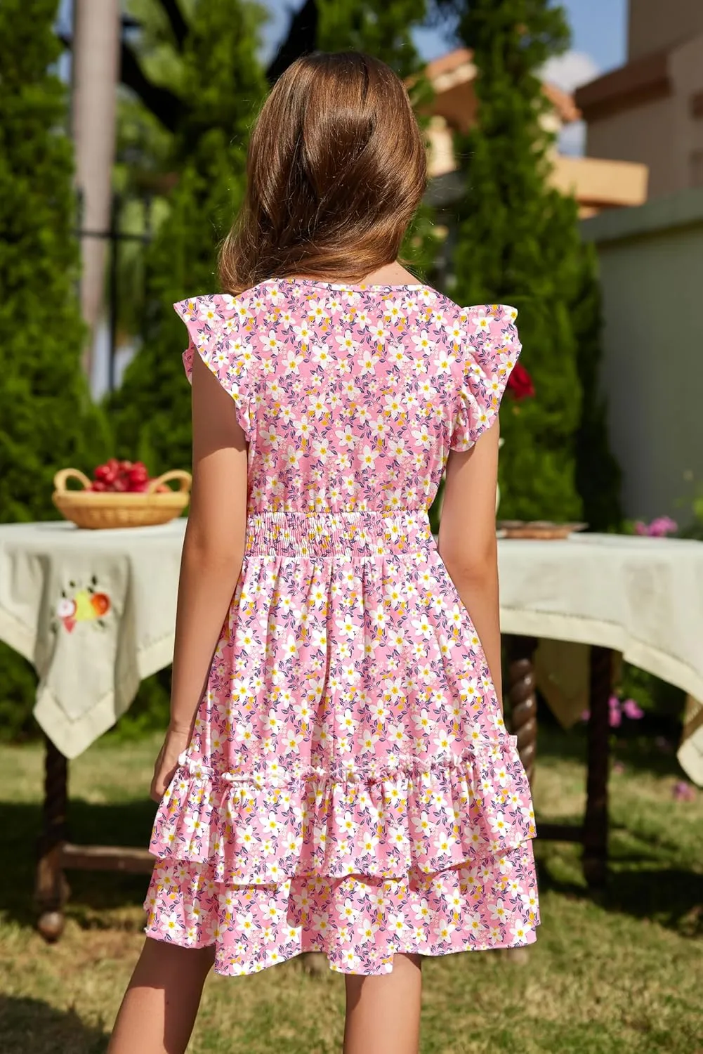 Arshiner Girls Dresses Flutter Sleeve A-Line Sundress Casual Summer Tiered Swing Midi Pocket Dress