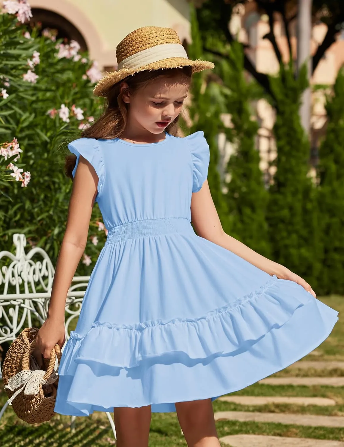 Arshiner Girls Dresses Flutter Sleeve A-Line Sundress Casual Summer Tiered Swing Midi Pocket Dress