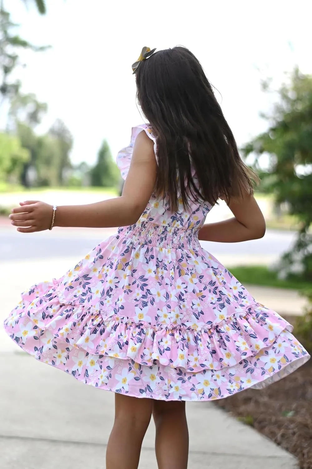 Arshiner Girls Dresses Flutter Sleeve A-Line Sundress Casual Summer Tiered Swing Midi Pocket Dress