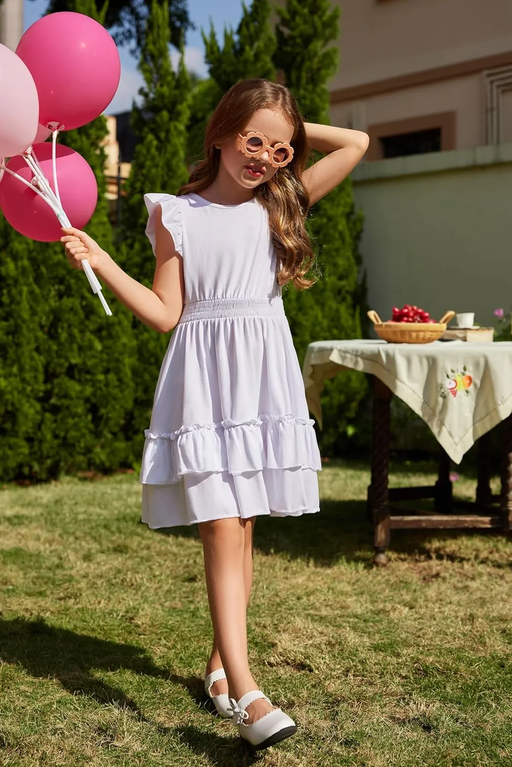 Arshiner Girls Dresses Flutter Sleeve A-Line Sundress Casual Summer Tiered Swing Midi Pocket Dress
