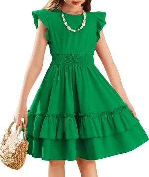 Arshiner Girls Dresses Flutter Sleeve A-Line Sundress Casual Summer Tiered Swing Midi Pocket Dress