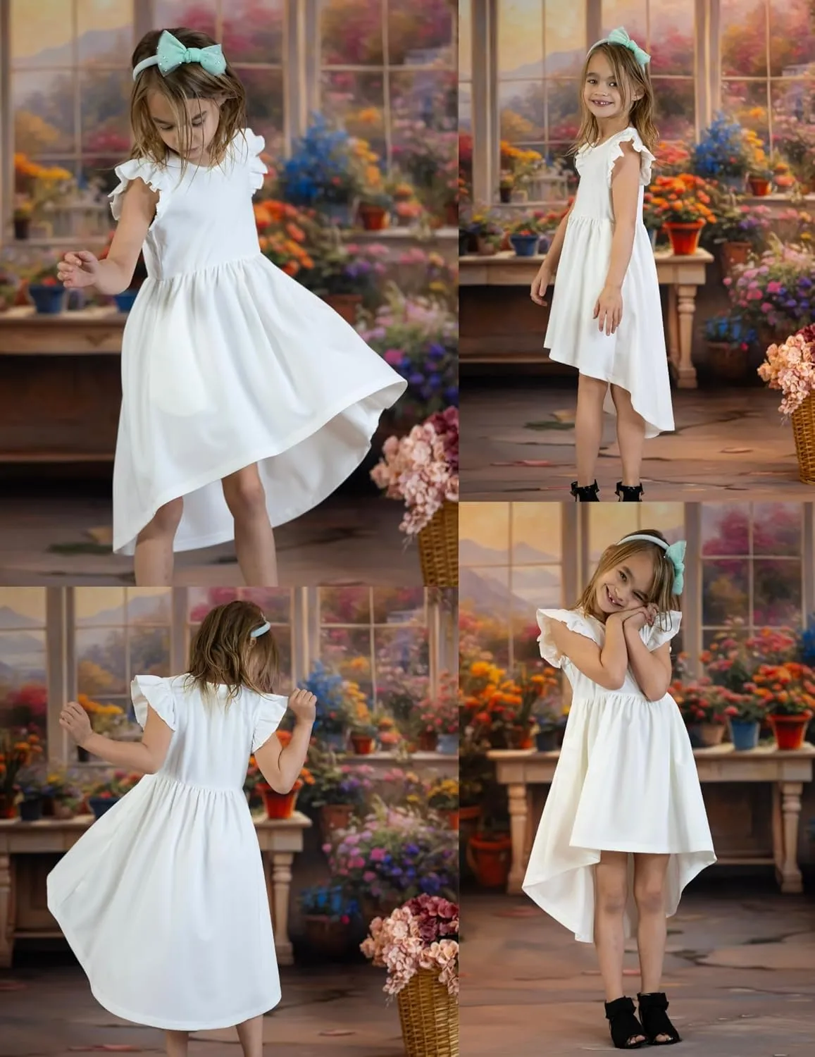 Arshiner Girls Summer Dress Tween Flutter Sleeve High Low Formal Dresses for Wedding Party with Pocket