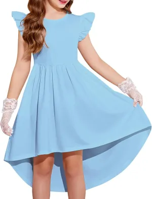 Arshiner Girls Summer Dress Tween Flutter Sleeve High Low Formal Dresses for Wedding Party with Pocket