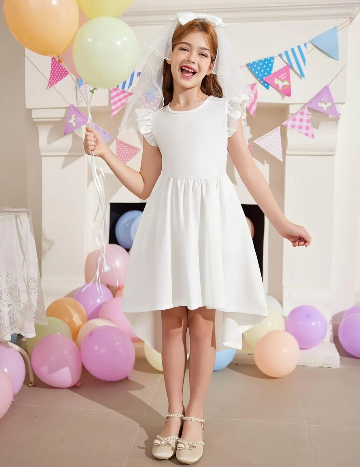 Arshiner Girls Summer Dress Tween Flutter Sleeve High Low Formal Dresses for Wedding Party with Pocket