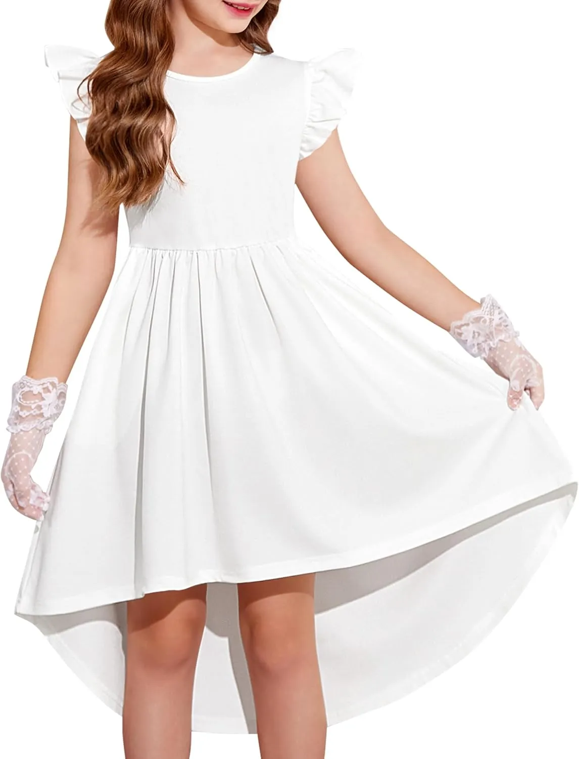 Arshiner Girls Summer Dress Tween Flutter Sleeve High Low Formal Dresses for Wedding Party with Pocket