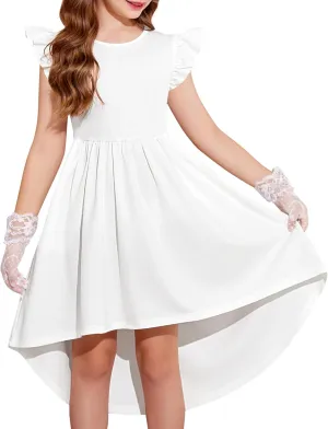 Arshiner Girls Summer Dress Tween Flutter Sleeve High Low Formal Dresses for Wedding Party with Pocket