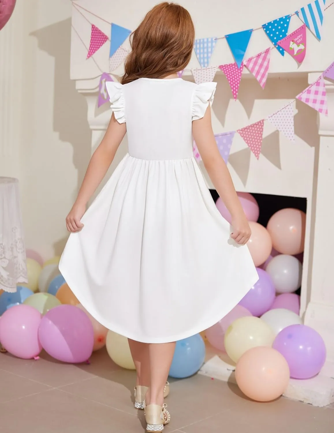 Arshiner Girls Summer Dress Tween Flutter Sleeve High Low Formal Dresses for Wedding Party with Pocket