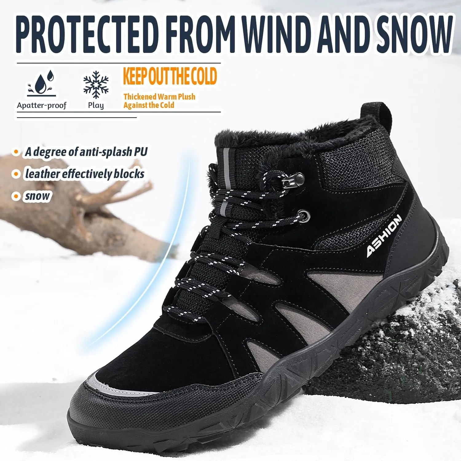 ASHION Mens Snow Boots Barefoot Winter Shoes Hiking Footwear Fur Lined Warm Ankle Boots Zero Drop Sole Comfortable Outdoor Walking Shoes Booties