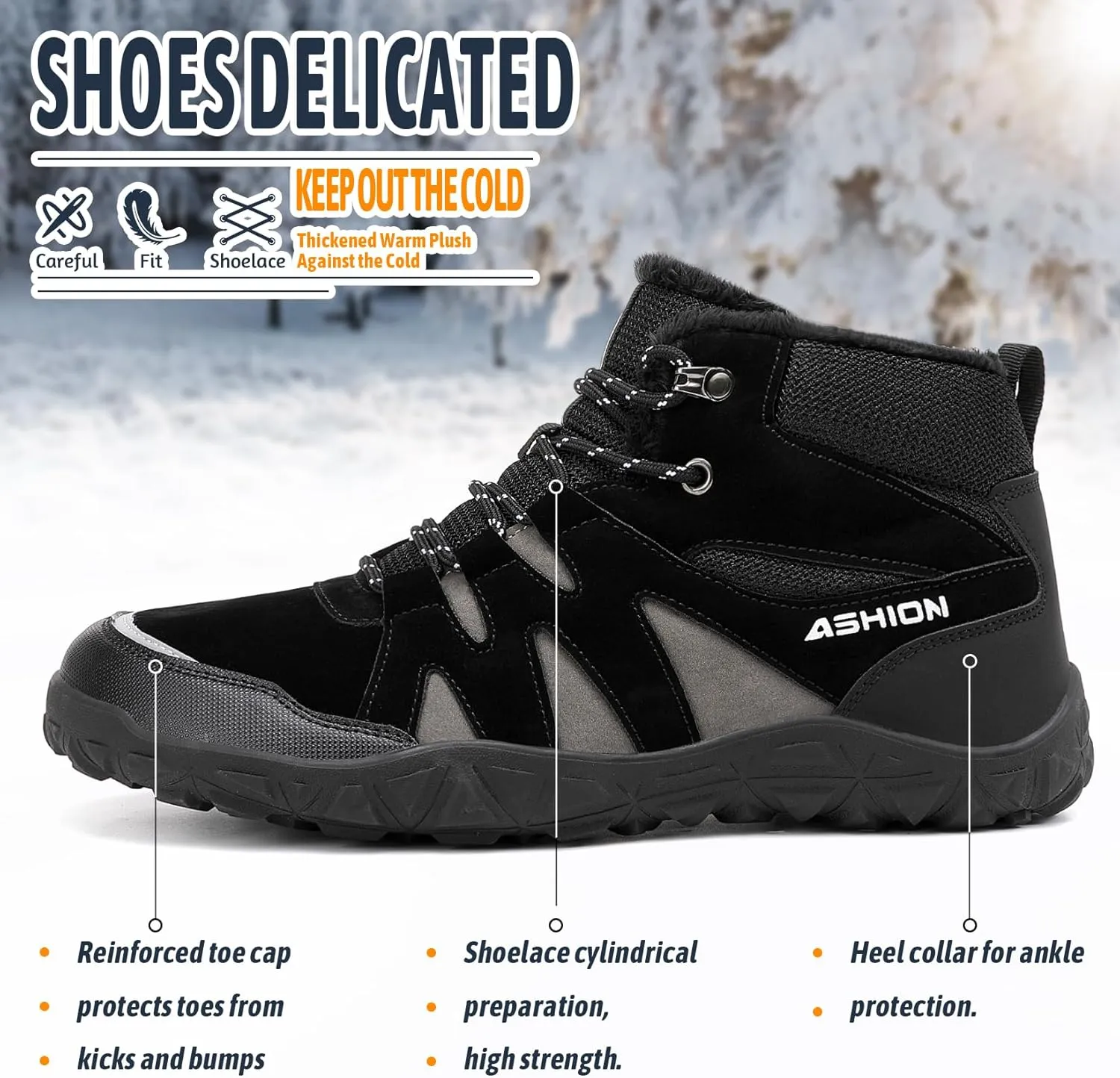 ASHION Mens Snow Boots Barefoot Winter Shoes Hiking Footwear Fur Lined Warm Ankle Boots Zero Drop Sole Comfortable Outdoor Walking Shoes Booties