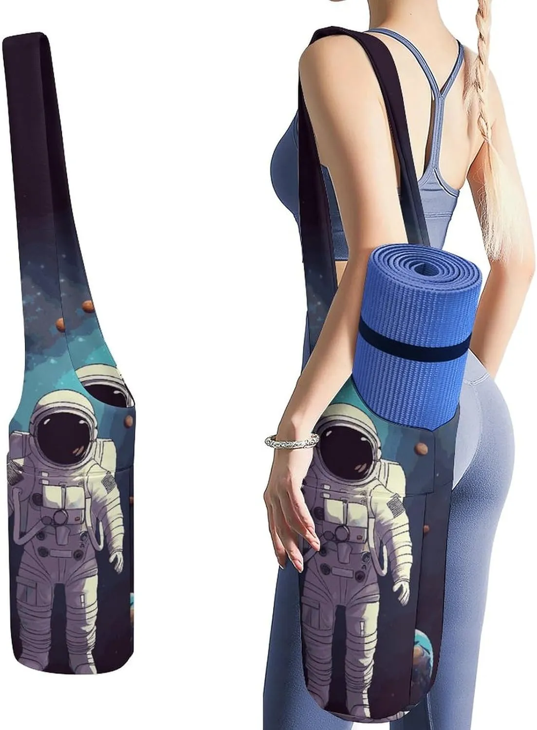 Astronaut Solar System Planets Yoga Mat Bag, Durable Canvas Yoga Mat Storage Bag with Water Bottle Pocket And Bottom Wet Bag, Fits Most Size Yoga Mats
