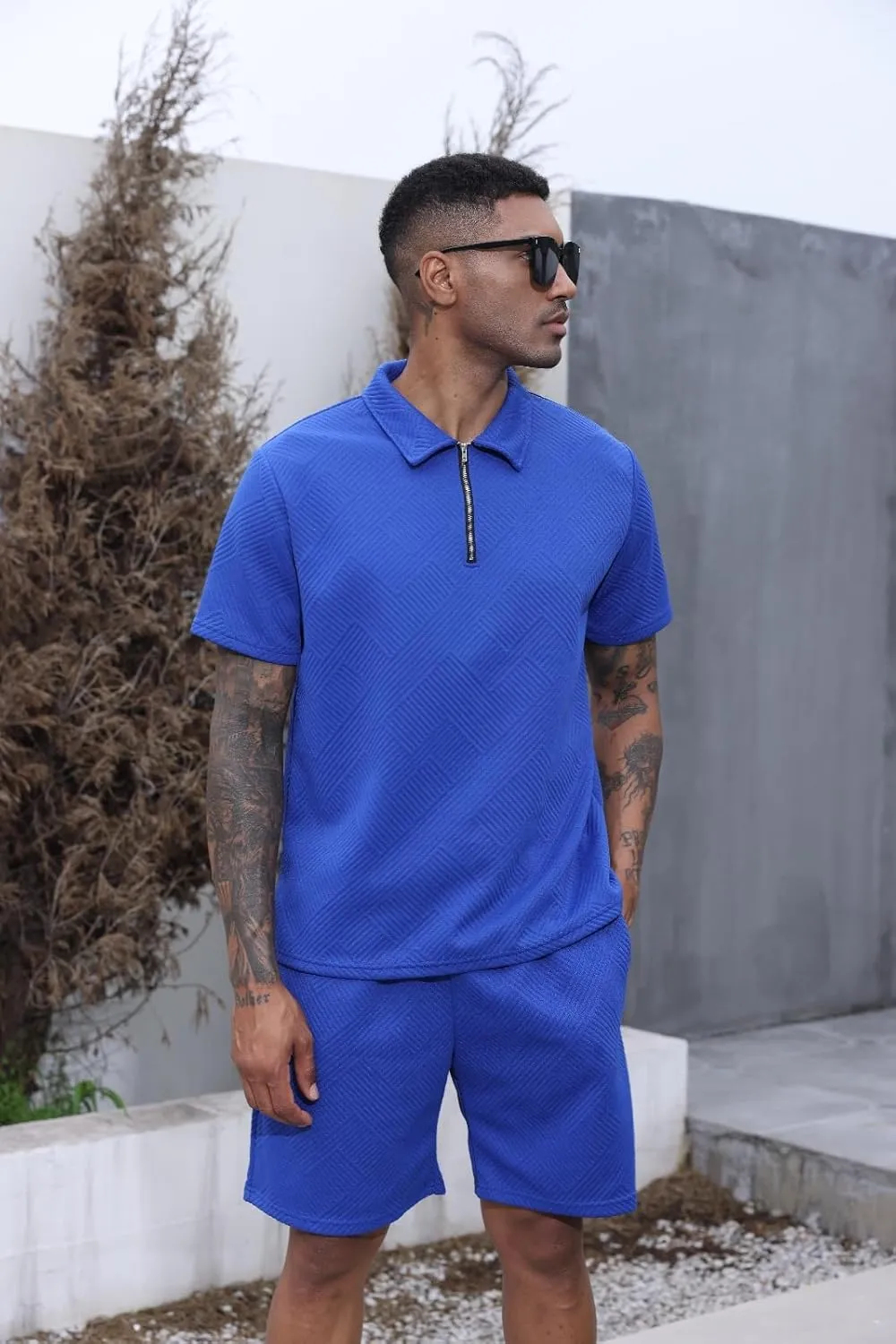 Aulemen Mens 2 Piece Zip Tracksuit Short Sleeve Print Polo Shirt and Shorts Sets Summer Outfits for Men