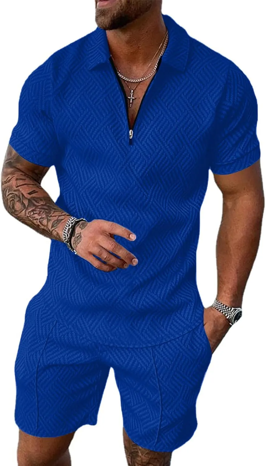 Aulemen Mens 2 Piece Zip Tracksuit Short Sleeve Print Polo Shirt and Shorts Sets Summer Outfits for Men