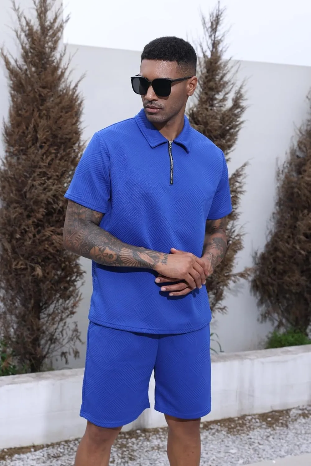 Aulemen Mens 2 Piece Zip Tracksuit Short Sleeve Print Polo Shirt and Shorts Sets Summer Outfits for Men
