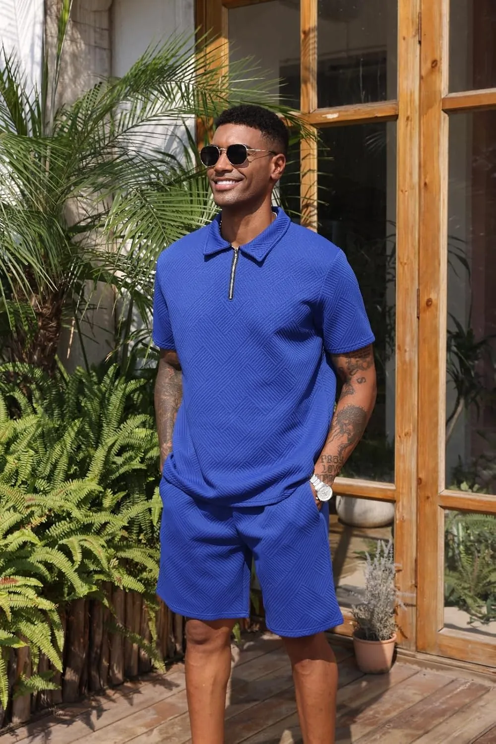 Aulemen Mens 2 Piece Zip Tracksuit Short Sleeve Print Polo Shirt and Shorts Sets Summer Outfits for Men