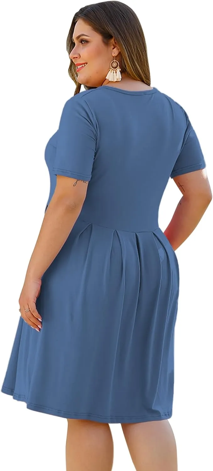 AUSELILY Women's Plus Size Round Neck Pleated Swing Dress with Pockets Knee Length