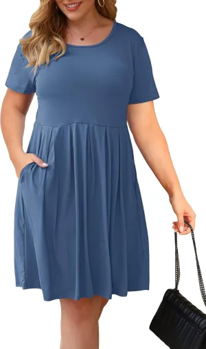 AUSELILY Women's Plus Size Round Neck Pleated Swing Dress with Pockets Knee Length
