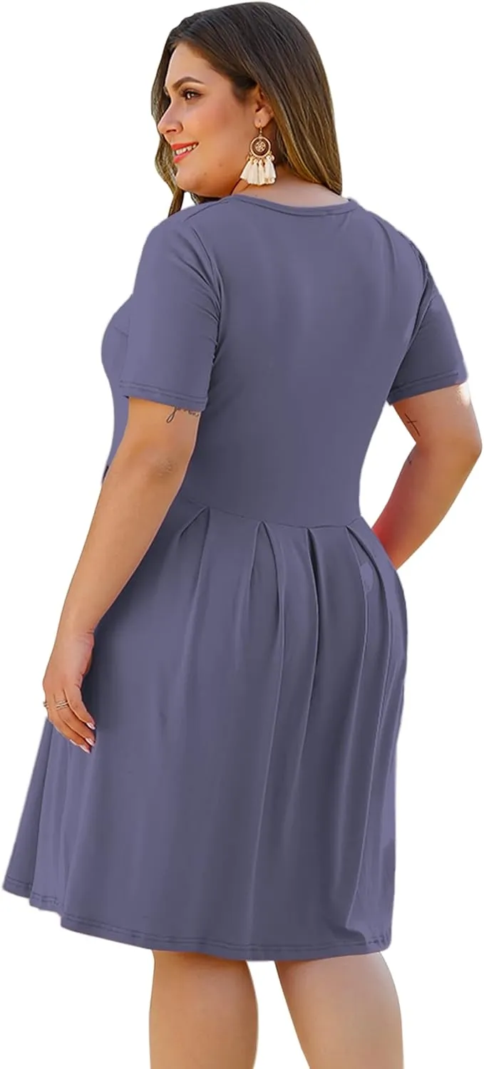 AUSELILY Women's Plus Size Round Neck Pleated Swing Dress with Pockets Knee Length