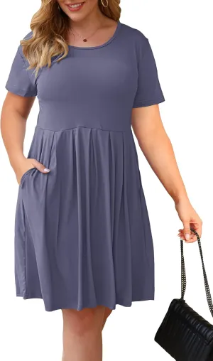 AUSELILY Women's Plus Size Round Neck Pleated Swing Dress with Pockets Knee Length