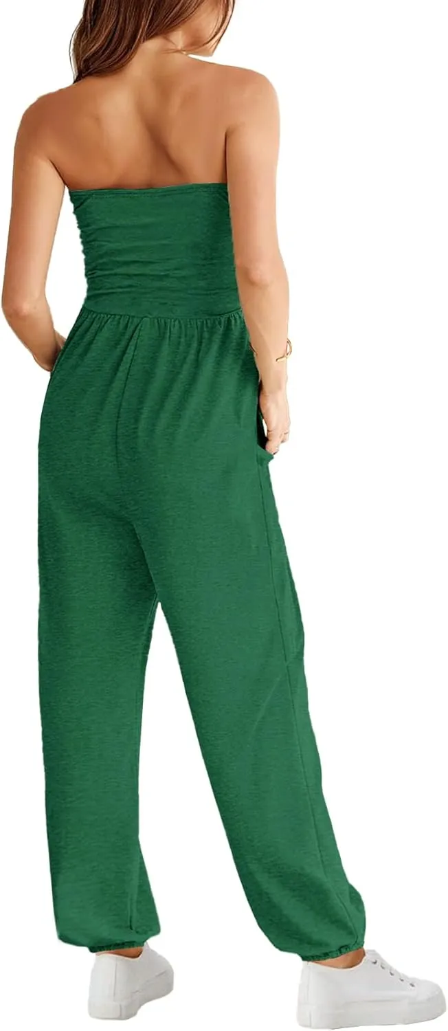 AUXDIO Women's Casual Summer Strapless Jumpsuits Off Shoulder Sleeveless Backless 2025 Romper with Pocket