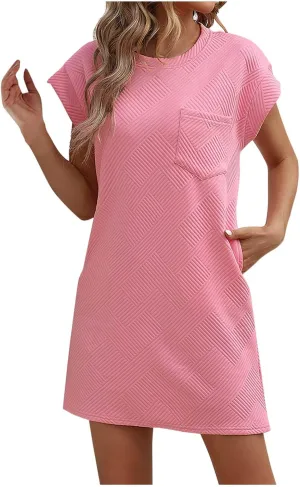 Aymnlox Womens Summer Wrap Dress Short Sleeve Crewneck Mini Dresses Elegant Wrinkle-Free Casual Beach Dresses with Pocket