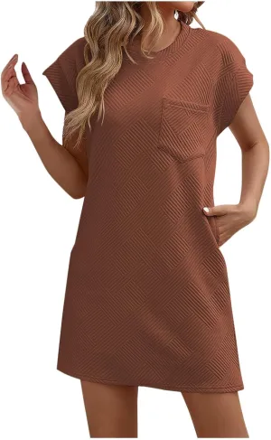 Aymnlox Womens Summer Wrap Dress Short Sleeve Crewneck Mini Dresses Elegant Wrinkle-Free Casual Beach Dresses with Pocket