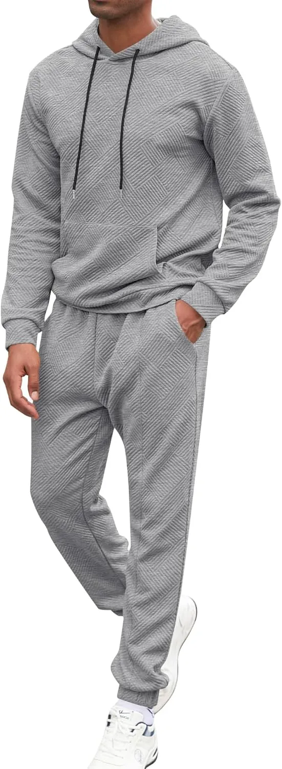 Babioboa Mens 2 Piece Sweatshirt Jacquard Sweatsuit Outfits Hoodie& Casual Joggers Sweatpants Set Tracksuit