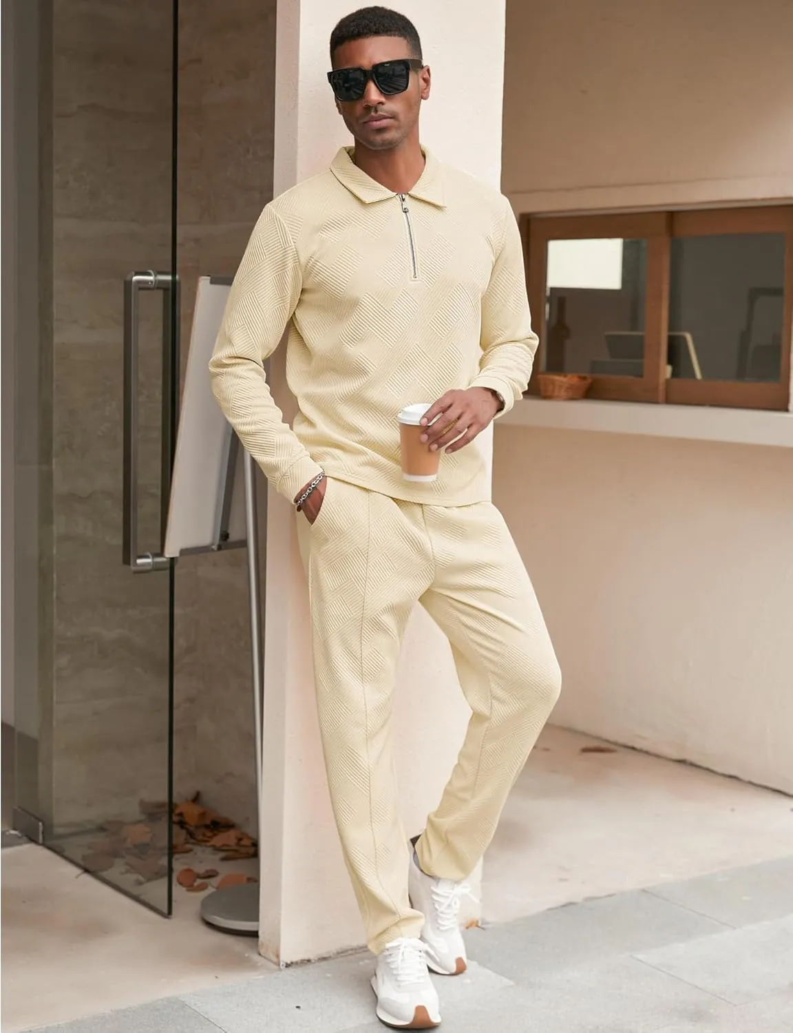 Babioboa Men's Polo sweatsuit Sets 1/4 Zip Fashion Casual Tracksuits jogging long Sleeve Polo Suit for Men 2 Piece Set