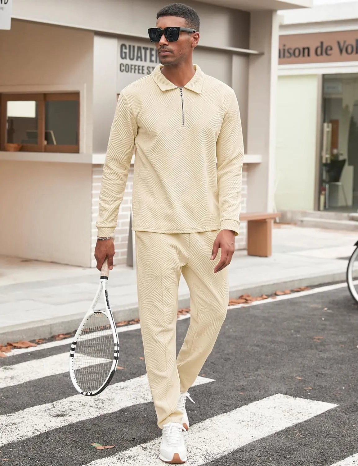 Babioboa Men's Polo sweatsuit Sets 1/4 Zip Fashion Casual Tracksuits jogging long Sleeve Polo Suit for Men 2 Piece Set