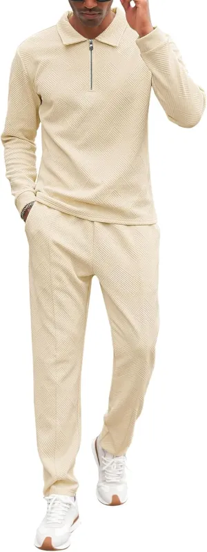 Babioboa Men's Polo sweatsuit Sets 1/4 Zip Fashion Casual Tracksuits jogging long Sleeve Polo Suit for Men 2 Piece Set