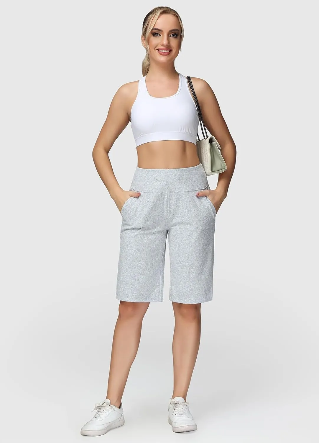 baleaf Womens 12" Long Bermuda Shorts Knee Length Cotton Athletic Shorts Sweat Casual Lounge Walking Summer
