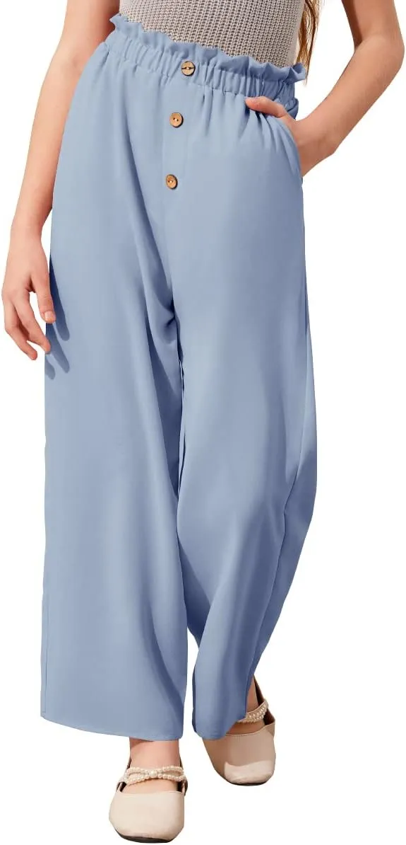 Batermoon Girls' Pants Paper Bag Elastic Waist Wide Leg Loose Trousers with Pocket