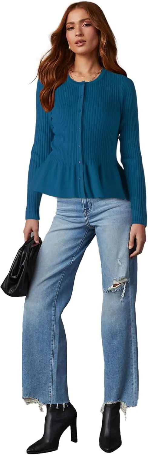 Beautiful Nomad Women's Long Sleeve Cardigan Peplum Sweater Crew Neck Button Tops Knit Ribbed Elegant Outwear Coat